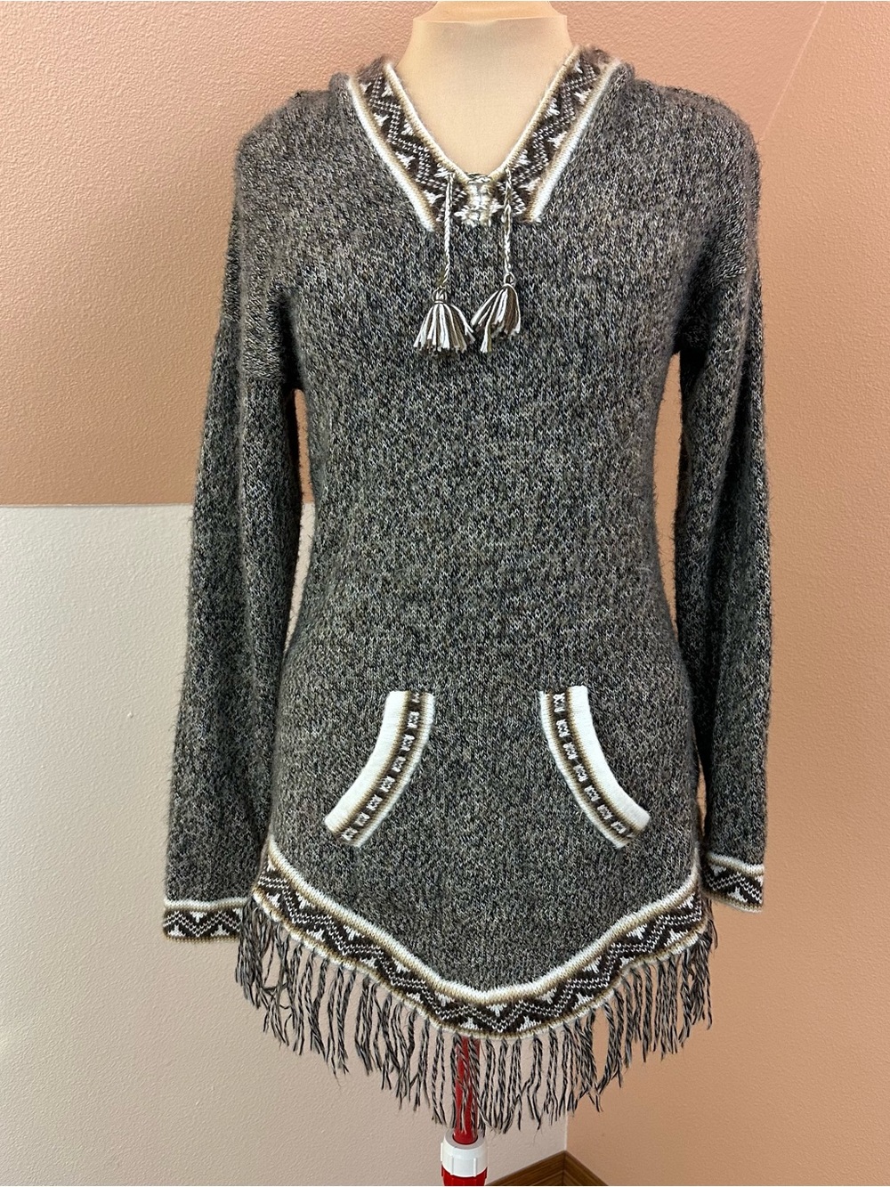 Handknit Alpaca Sweater Pullover Size M Brown Marled Fringe Trim Hooded Boho